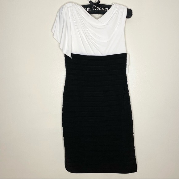 Adrianna Papell Dress Sheath Cowl Neck Drapey Shoulder New Black White Size 6 - Picture 1 of 11